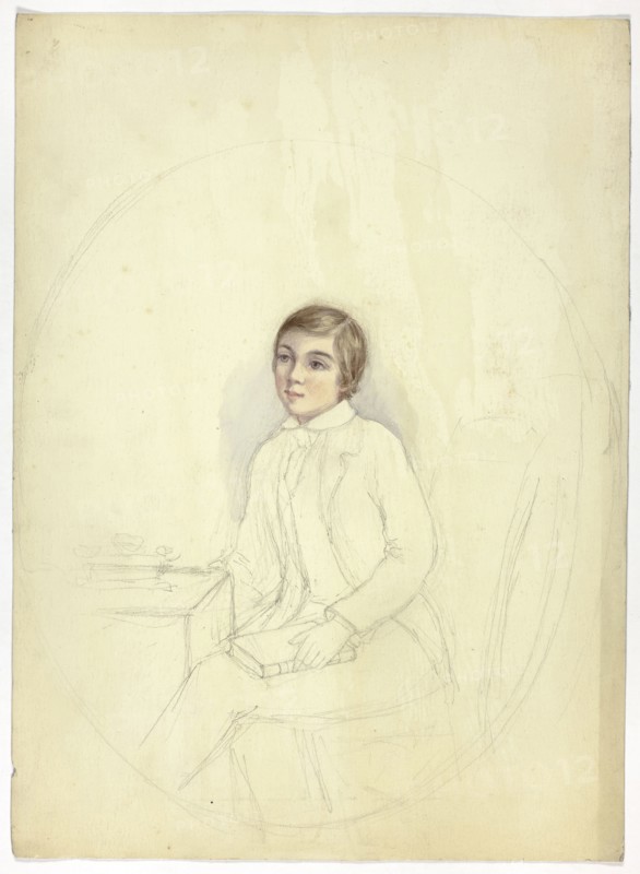 Study for Portrait of Boy with Book, n.d., Elizabeth Murray, English, c. 1815-1882, England, Watercolor over graphite on cream wove paper, 369 mm × 268 mm