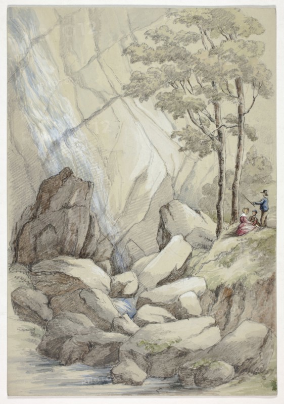 Powerscourt Waterfall, August 1843, Elizabeth Murray, English, c. 1815-1882, England, Watercolor and white gouache over graphite on gray wove paper, 254 mm × 176 mm