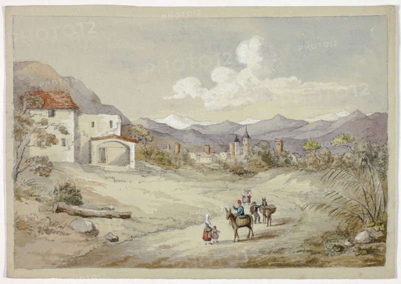 Albenga on the Corniche (Costal) Road, November 6, 1841, Elizabeth Murray, English, c. 1815-1882, England, Watercolor and white gouache over graphite on gray wove paper, 188 mm × 267 mm