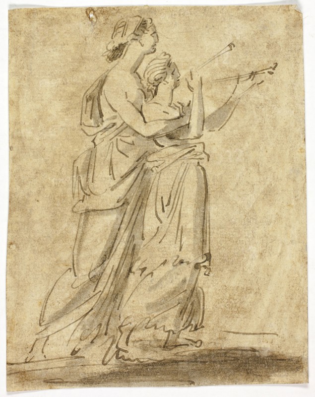 Two Classical Female Figures, n.d., Unknown Artist, French, 19th century, France, Pen and brown ink, with brush and gray wash, on brown tinted laid paper, 145 × 115 mm