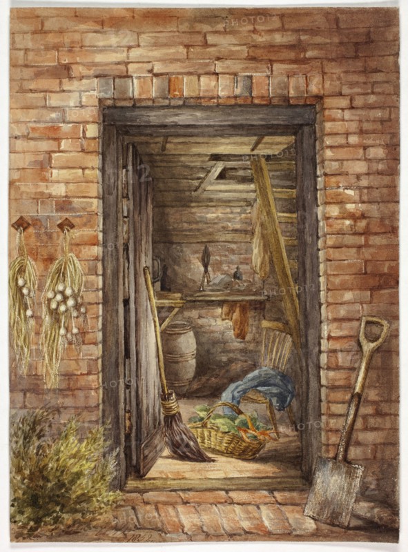 Brick Wall with Open Door and Shovel, 1852, Elizabeth Murray, English, c. 1815-1882, England, Watercolor over traces of graphite on cream wove paper, 254 mm × 184 mm
