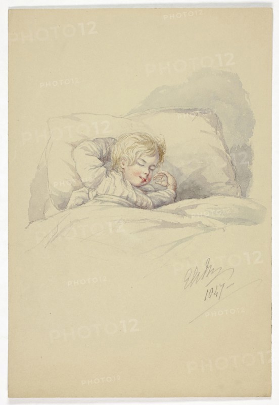 Child Asleep (recto), and Fishermen on Dock (verso), 1847, Elizabeth Murray, English, c. 1815-1882, England, Watercolor over graphite (recto), and graphite (verso), on brown-gray wove paper, 259 mm × 175 mm
