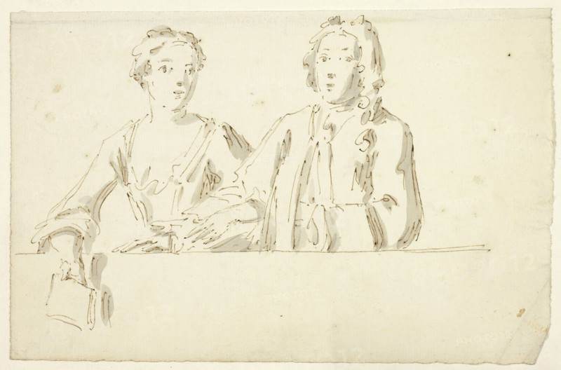 Bust Length Couple, n.d., Unknown Artist, or possibly William Hogarth (English, 1697-1764), England, Pen and brown ink, with brush and gray wash, on ivory laid paper, tipped onto ivory laid mount, 124 × 194 mm