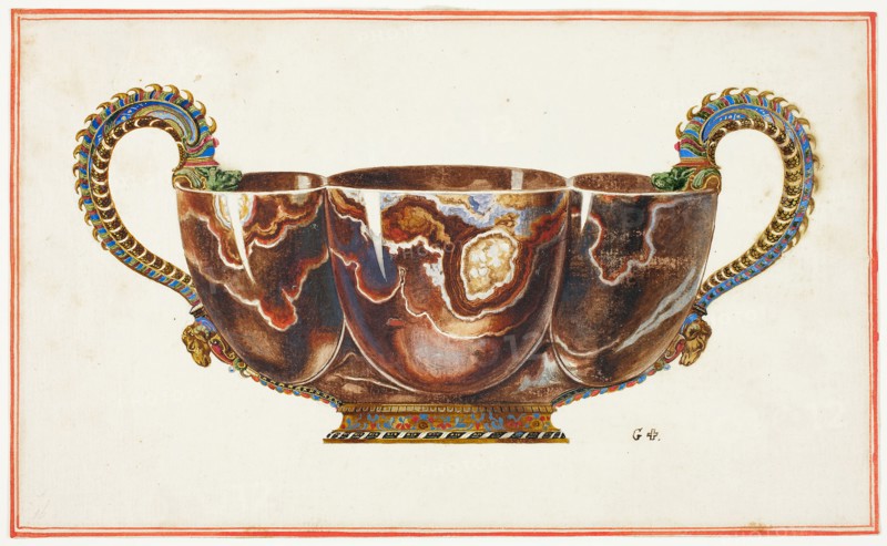 Basin with Enamelled Handles, Decorated with Dragon and Ram Heads, n.d., Giuseppe Grisoni, Italian, born Flanders, 1699-1769, Flanders, Gouache, heightened with gold paint, over black chalk, on ivory laid paper, 160 × 264 mm