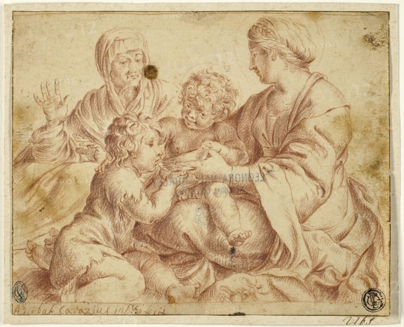 Madonna and Child with Saints Elizabeth and John the Baptist, after 1606, Annibale Carracci, after, Italian, 1560-1609, Italy, Red chalk on ivory laid paper, tipped onto ivory wove card, 132 x 164 mm