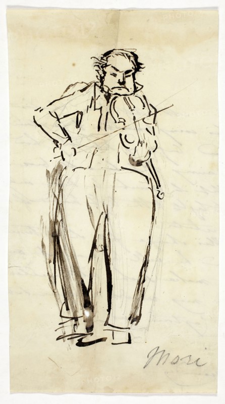 Nicolas Mori, Violinist, c. 1840, Attributed to Alfred Edward Chalon, English, born Switzerland, 1780-1860, England, Pen and brown ink, over graphite, on ivory wove paper, tipped onto cream wove paper, 227 × 125 mm