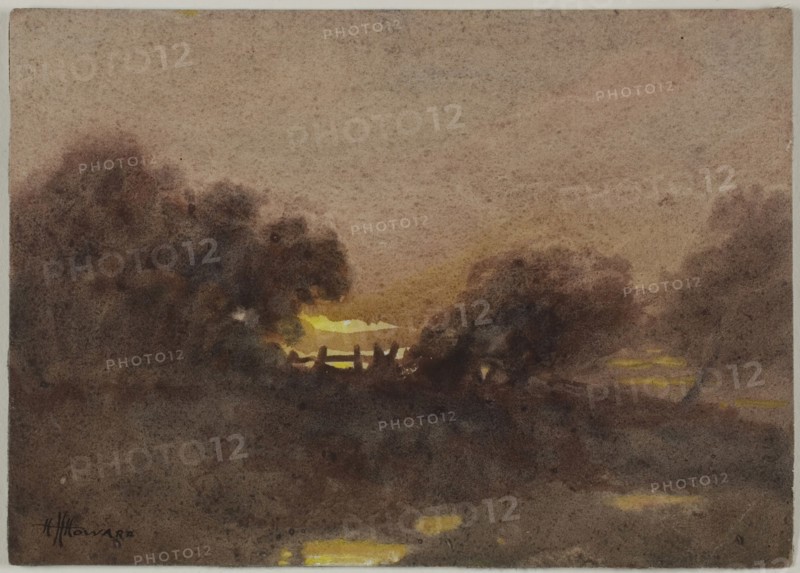 Landscape with Gate at Sunset, n.d., Hugh Huntington Howard, American, 1860-1927, United States, Watercolor on ivory wove paper, laid down on gray wove paper, 136 x 192 mm