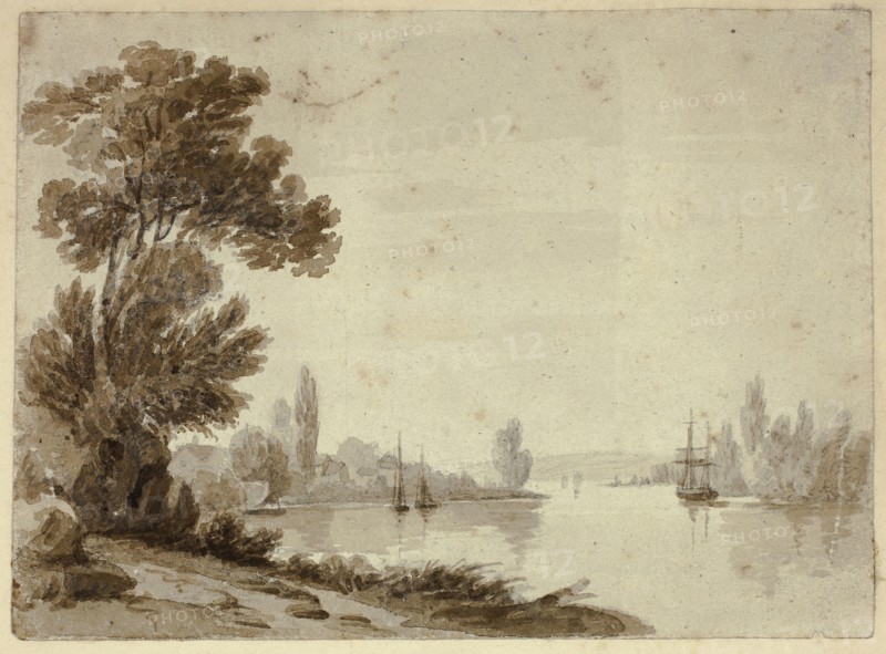 River Scene with Boats, n.d., William Henry Stothard Scott of Brighton (English, 1783-1850), or Joseph Powell (English, 1780-1834), or an unknown artist (British, 19th century), England, Brush and brown wash, over graphite, on off-white wove paper, tipped onto cream card, 136 × 185 mm