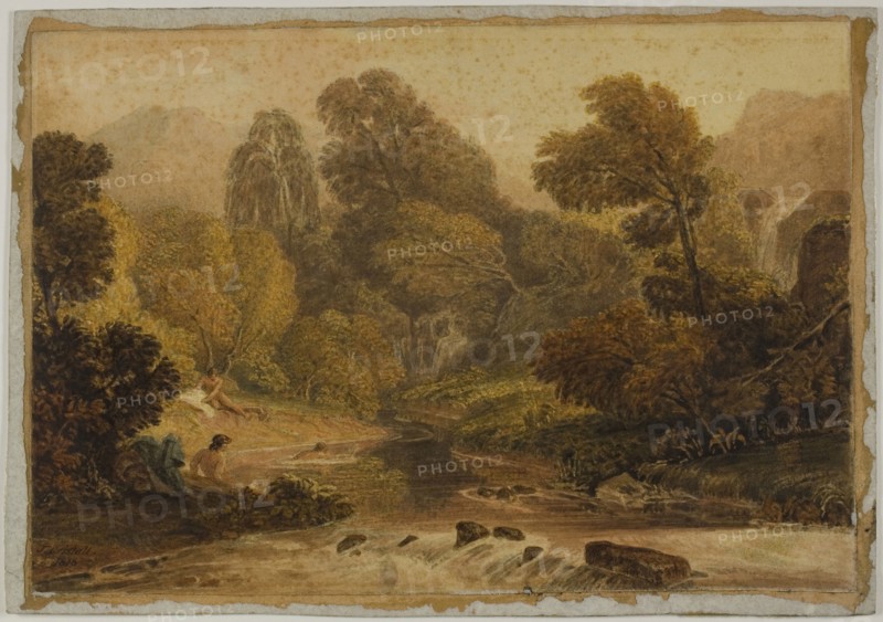A Scene Near Lodore, Cumberland, 1818, Joshua Cristall, English, c. 1767-1847, England, Watercolor over graphite, on ivory wove paper, laid down on board, 195 × 283 mm