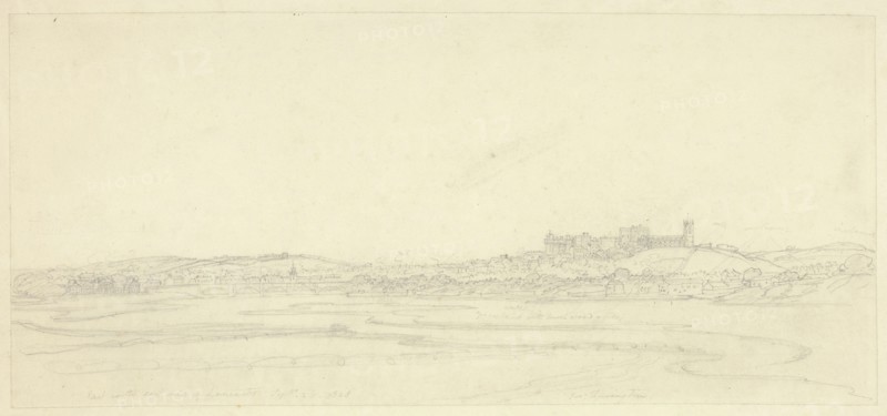 East North East View of Lancaster, 1808, Joseph Farington, English, 1747-1821, England, Graphite on ivory wove paper, laid down on ivory wove paper, 165 × 365 mm