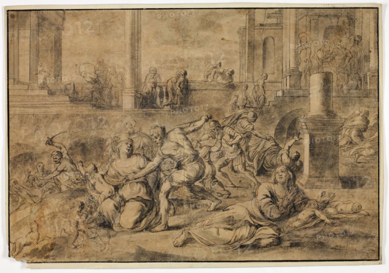 Massacre of the Innocents, n.d., Unknown Artist, Flemish or French, 17th century, Flanders, Pen and brown and black ink and brush and black ink, with black chalk and brush and gray wash, on off white laid paper, tipped onto board, 294 × 432 mm