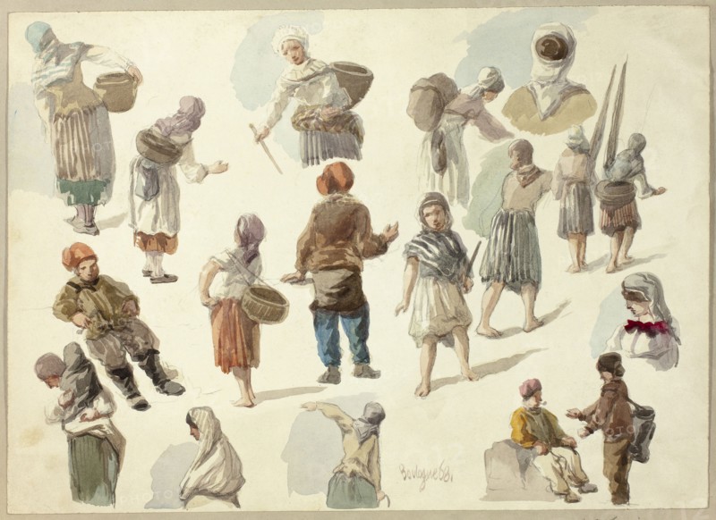 Sketches of Peasants in Boulogne, 1868, Unknown Artist, English, 19th century, England, Watercolor over graphite, on ivory wove paper, tipped onto gray wove paper, 254 × 353 mm