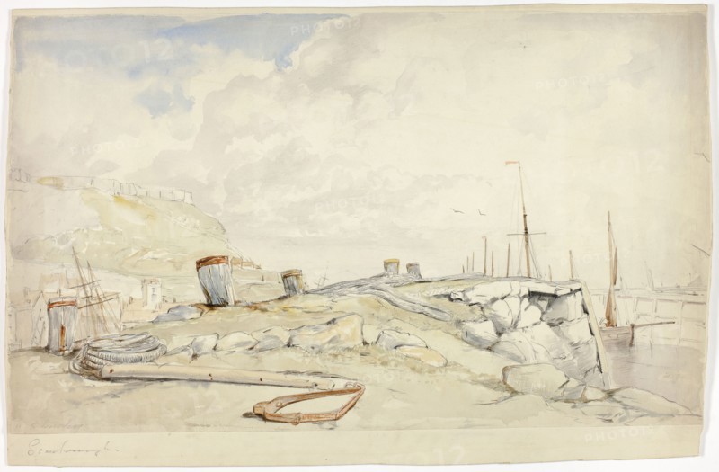 Scarborough Shore, c. 1860, William Roxby Beverley, English, c. 1814-1889, England, Watercolor over graphite, on ivory wove paper, laid down on board, 53 × 315 mm