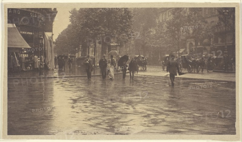 A Wet Day on the Boulevard, Paris, 1894, Alfred Stieglitz, American, 1864-1946, United States, Carbon print, 9.2 x 16.6 cm