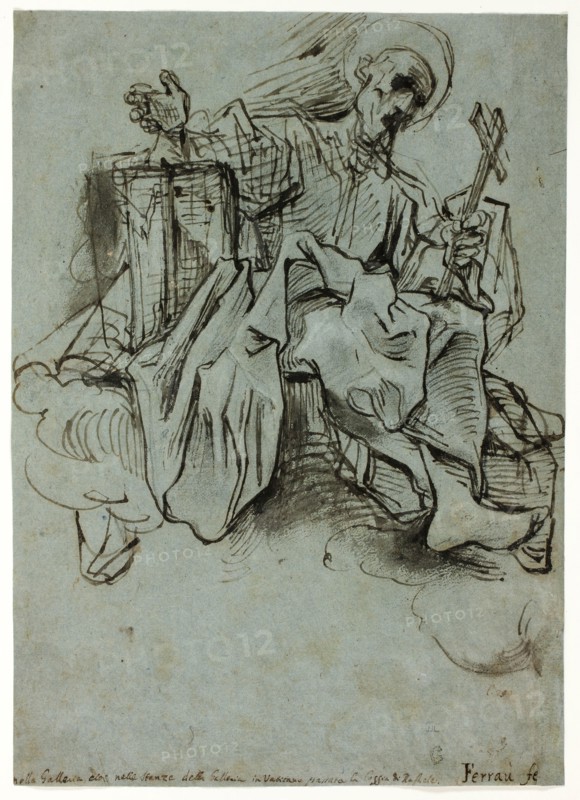 Saint with Book and Cross Seated on a Cloud, c. 1591, Ferraù Fenzoni, Italian, 1562-1645, Italy, Pen and black and brown ink, with brush and brown wash, with traces of black chalk, on blue laid paper, 329 x 236 mm