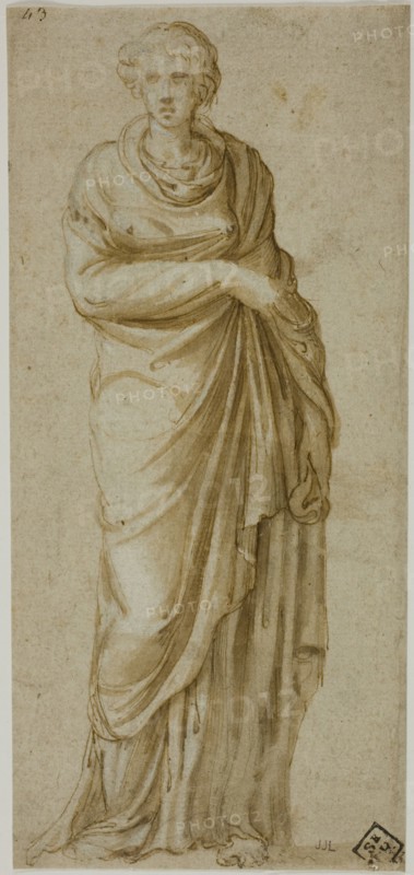 Standing Draped Female Figure, c. 1550, Attributed to Girolamo Sellari, called Girolamo da Carpi, Italian, 1501-1556, Italy, Pen and brown ink with brush and brown wash, over traces of black chalk, heightened with lead white, on ivory laid paper, 203 x 94 mm