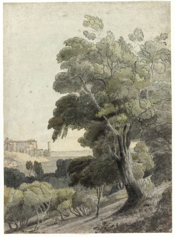 Tivoli, Showing Rome in the Distance, c. 1781, Towne, Francis, English, 1739/40-1816, Unknown Place, Pen and black ink and watercolor, with brush and black wash and touches of graphite, on ivory laid paper, 343 x 248 mm