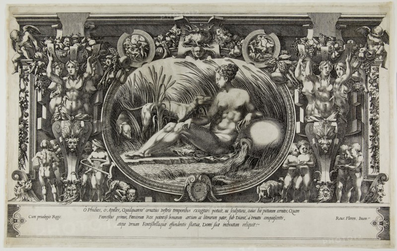 The Nymph of Fontainebleau, 1554, Pierre Milan (French, died 1557), after Rosso Fiorentino (Italian, 1494-1540), France, Engraving on cream laid paper, 522 × 329 mm