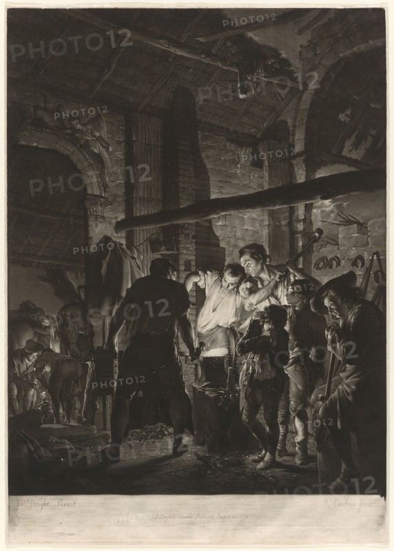 A Blacksmith’s Shop, 1771, Richard Earlom (British, 1743-1822), after Joseph Wright of Derby (British, 1734-1797), England, Mezzotint in black on ivory laid paper, 612 × 434 mm (image), 620 × 440 mm (sheet)