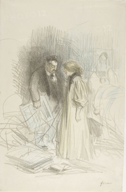 I Don’t Dare Take Them Down…It Would Hurt Him Too Much, c. 1892, Jean Louis Forain, French, 1852-1931, France, Lithograph hand-colored with blue and yellow colored crayons on light ivory wove paper, 332 × 285 mm (image), 355 × 256 mm (sheet)
