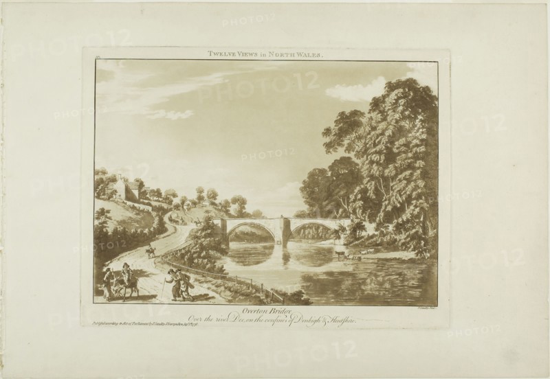 Overton Bridge/Over the River Dee, on the Confines of Denbigh and Flintshire, 1776, Paul Sandby, English, 1731-1809, England, Etching and aquatint in sanguine on ivory laid paper, 239 × 315 mm (plate), 320 × 463 mm (sheet)