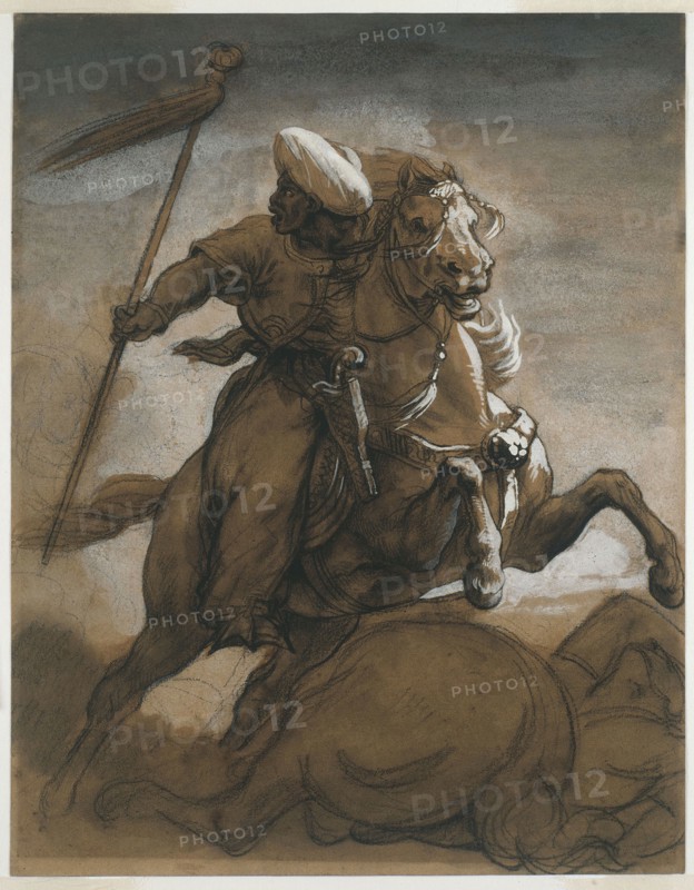 Turkish Cavalier in Combat, c. 1818, Jean Louis André Théodore Géricault, French, 1791-1824, France, Brush and brown wash, heightened with white gouache over black chalk, with blue wash on brown laid paper, 280 × 220 mm