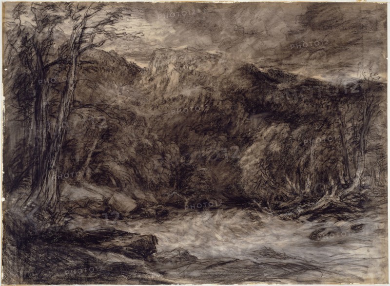 A Mountain Torrent, c. 1850, David Cox the elder, English, 1783-1859, England, Black and white chalk, and charcoal on cream wove paper, 531 × 733 mm
