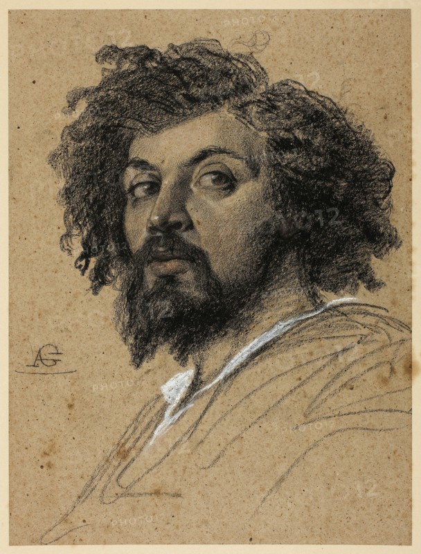 Self-Portrait, c. 1830, Auguste Barthélémy Glaize, French, 1807-1893, France, Black Conté crayon, heightened with red-brown wash and white Conté crayon on dark tan wove paper, laid down on tan wove paper, 391 × 294 mm