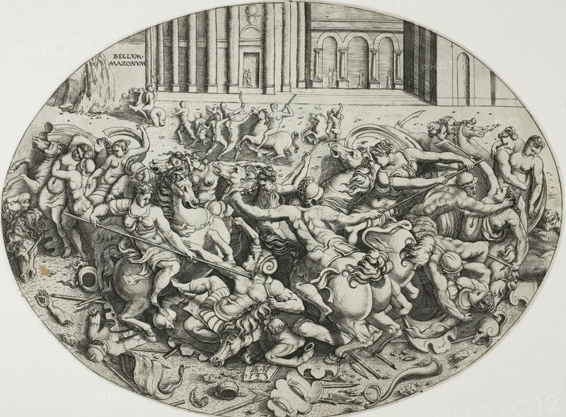The Battle of the Amazons, 1543, Enea Vico, Italian, 1523-1567, Italy, Engraving in black on ivory laid paper, 209 x 280 mm