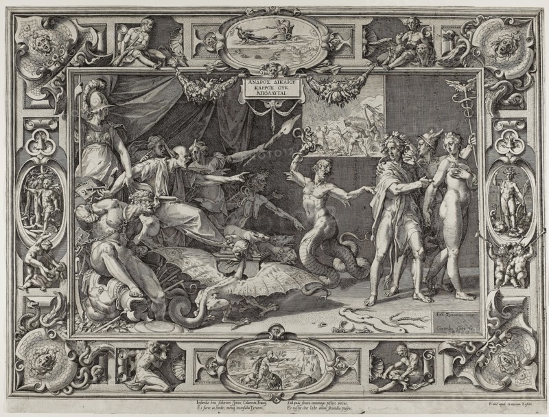 The Calumny of Apelles, 1572, Cornelis Cort (Netherlandish, 1533/36-1578), after Federico Zuccaro (Italian, c. 1542-1609), Holland, Engraving in black on ivory laid paper, 408 x 556 mm (image), 420 x 557 mm (plate/sheet, trimmed slightly within platemark)