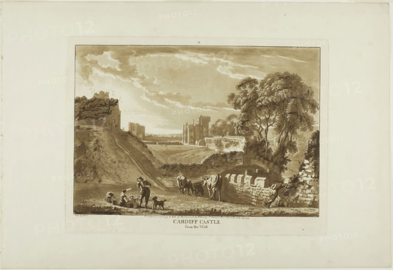 Cardiff Castle from the West, 1776, Paul Sandby, English, 1731-1809, England, Aquatint, with etching, in brown on cream laid paper, 237 × 314 mm (plate), 320 × 463 mm (sheet)