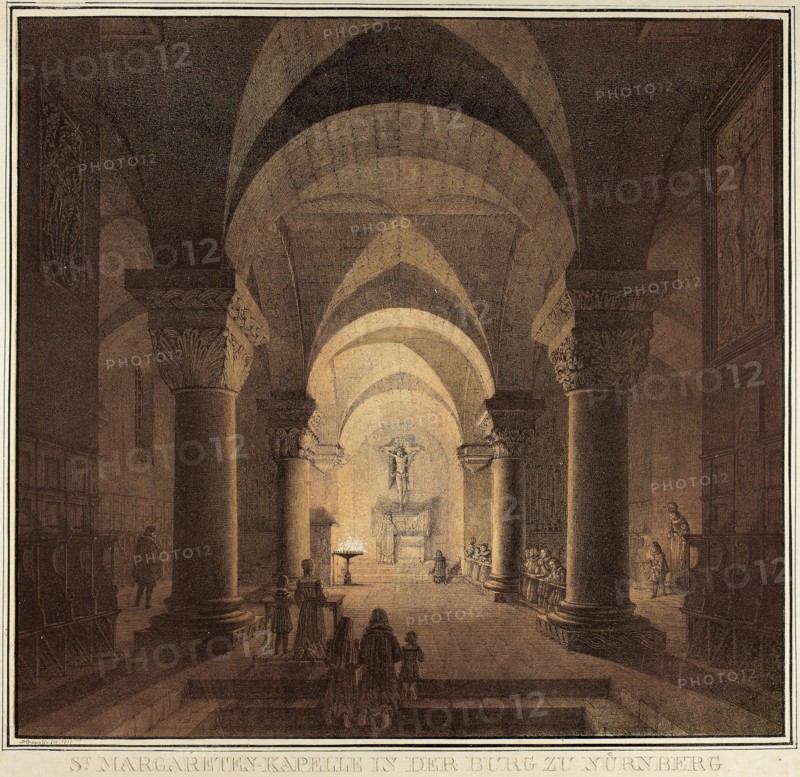Chapel of Saint Margaret in the City of Nuremberg, from Collection of Memorable Medieval Buildings in Germany, 1819, Domenico Quaglio II, German, 1787-1837, Germany, Lithograph in black with grey-green and pale red-orange tint stones on cream wove paper, 392 x 395 mm (image/text), 475 x 583 mm (sheet)