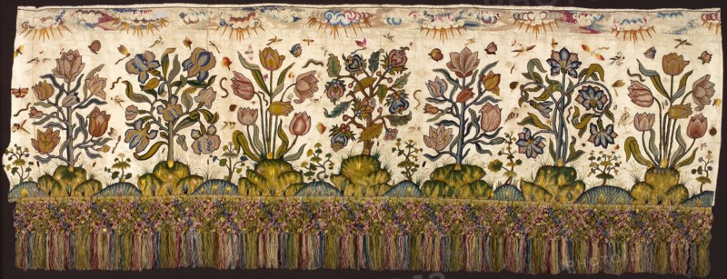 Valance, 1620/60s, England, Silk, warp-float faced 7:1 satin weave, appliquéd with hemp and linen, plain weaves, embroidered with silk and silk chenille in satin and tent stitches, laid work and couching raised work over cotton padding, and embroidered with silk and feathers in running, satin, single satin, and stem stitches, laid work and couching, edged with silk, plied cords and cotton, plain weave, lined with linen, plain weave, 84.3 × 222.5 cm (33 1/8 × 87 5/8 in.)