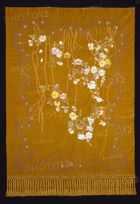 Portière, 1880/1900, Designed by Anna G. Lyman (American, active 1880/1900), Executed by Associated Artists, 1833–1907, United States, Illinois, Chicago, Chicago, Silk, warp-float faced twill weave with supplementary pile warps forming cut solid velvet, embroidered with gilt paper and gold-leafed-paper-strip-wrapped cotton and silk in satin and stem stitches, laid work, couching and French knots, fringe of gilt-paper-strip-wrapped cotton and silk, wrapped and braided, lined with silk, weft-float faced satin weave self-patterned by areas of plain weave, 227 × 147.3 cm (85 1/2 × 58 in.)