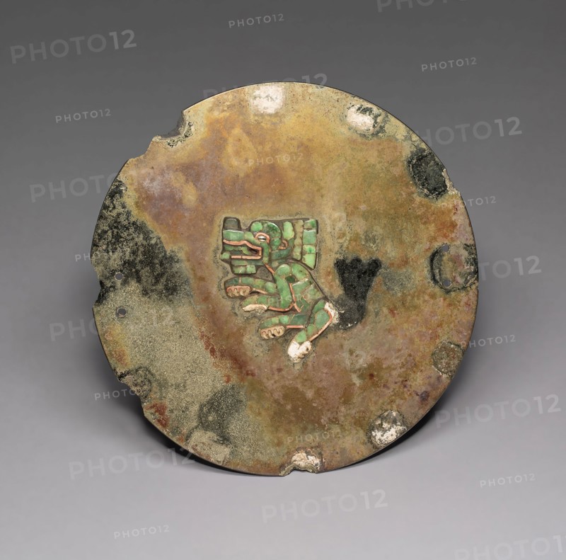 Mirror with Jaguar or Coyote Mosaic, A.D. 500/600, Teotihuacan, Teotihuacan, Mexico, México, Iron pyrite, jade, shell, magnatite or ilmenite, and spondylus shell, Diam. 19.1 cm (7 1/2 in.)