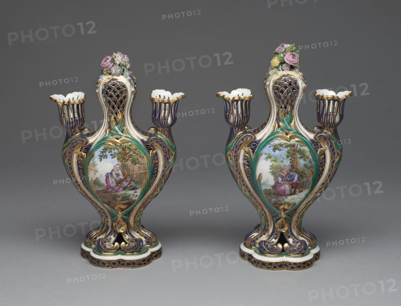 Pair of Vases (Pots Pourris à Bobèches), c. 1759, Sèvres Porcelain Manufactory, French, founded 1740, Designed by Jean-Claude Duplessis, (French, fl. 1745/48-1774, died 1783), Painted by André-Vincent Vieillard (attributed to), (French, 1717-90, active 1752-90), Sèvres, Soft-paste porcelain, polychrome enamels, and gilding, 1994.371.1: H. 24.1 cm (9 1/2 in.)
