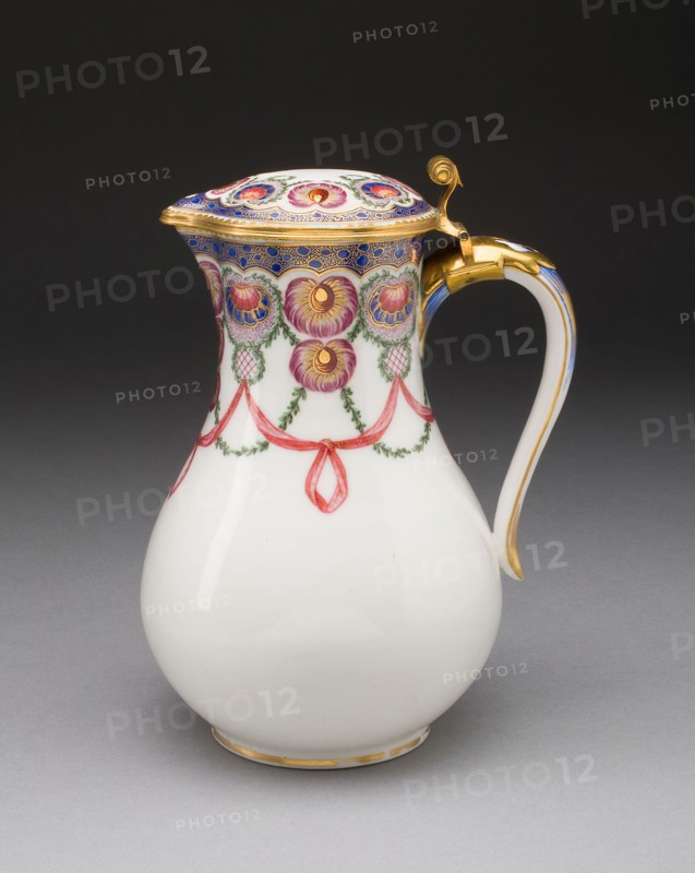 Jug (Pot à l’eau tourné), 1763, Sèvres Porcelain Manufactory, French, founded 1740, Painted by Louis-Jean Thévenet (French, active 1741/45-1777), Sèvres, Soft-paste porcelain, polychrome enamels, gilding, and gilt-metal mounts, 19.4 x 28.6 cm (7 5/8 x 11 1/4 in.)