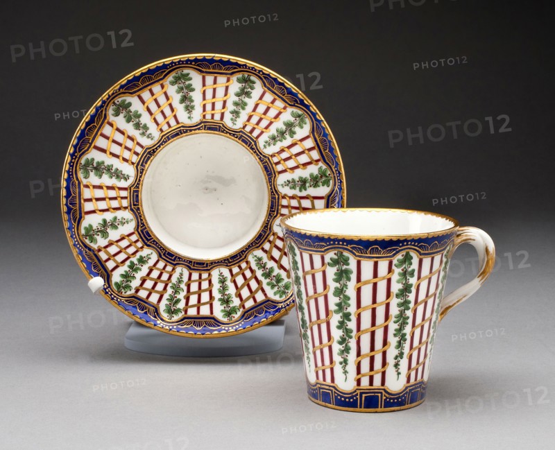 Cup and Saucer, c. 1760, Sèvres Porcelain Manufactory, French, founded 1740, Sèvres, Soft-paste porcelain, polychrome enamels, and gilding, Cup: H. 8.9 cm (3 1/2 in.), Saucer: 4.1 x 15 cm (1 5/8 x 5 15/16 in.)