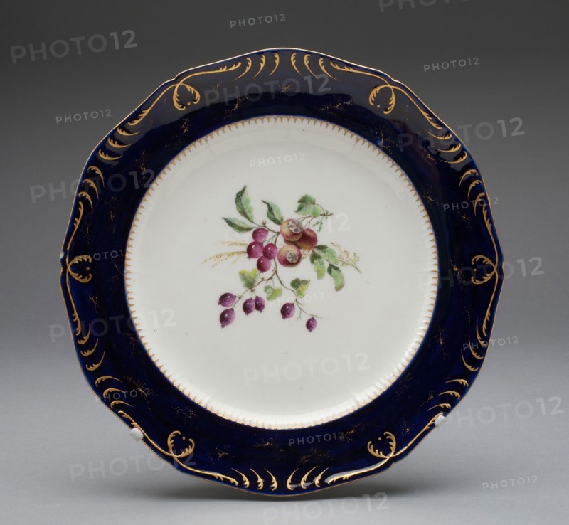 Plate, c. 1752, Vincennes Porcelain Manufactory, French, founded 1740 (known as Sèvres from 1756), Vincennes, Soft-paste porcelain, dark blue ground, polychrome enamels, and gilding, H. 3.5 cm (1 3/8 in.), diam. 25.2 cm (9 15/16 in.)