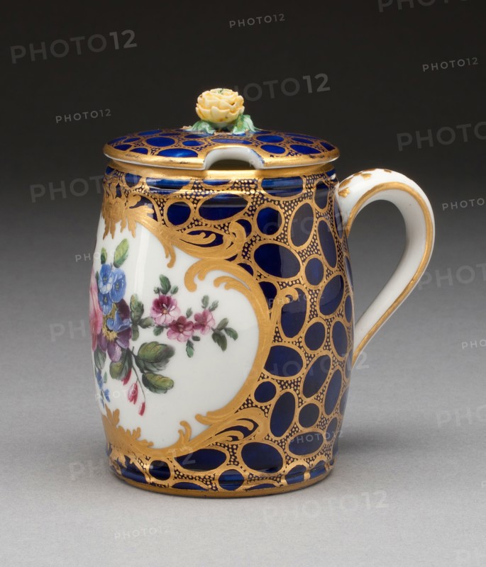 Mustard Pot, 1757, Sèvres Porcelain Manufactory, French, founded 1740, Sèvres, Soft-paste porcelain, underglaze blue ground, polychrome enamels, and gilding, H. 8.6 cm (3 3/8 in.)