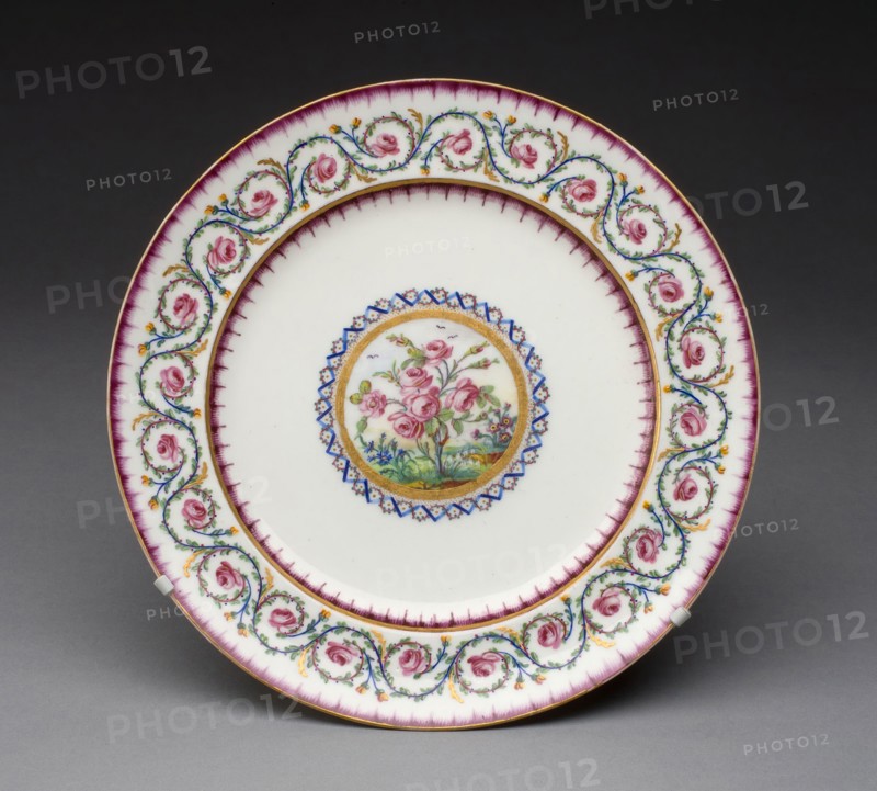 Sample Plate, 1790, Sèvres Porcelain Manufactory, French, founded 1740, Painted by Charles-Nicolas Buteux, French, active 1763-1801, Sèvres, Soft-paste porcelain, polychrome enamels, and gilding, Diam. 23.5 cm (9 1/4 in.)