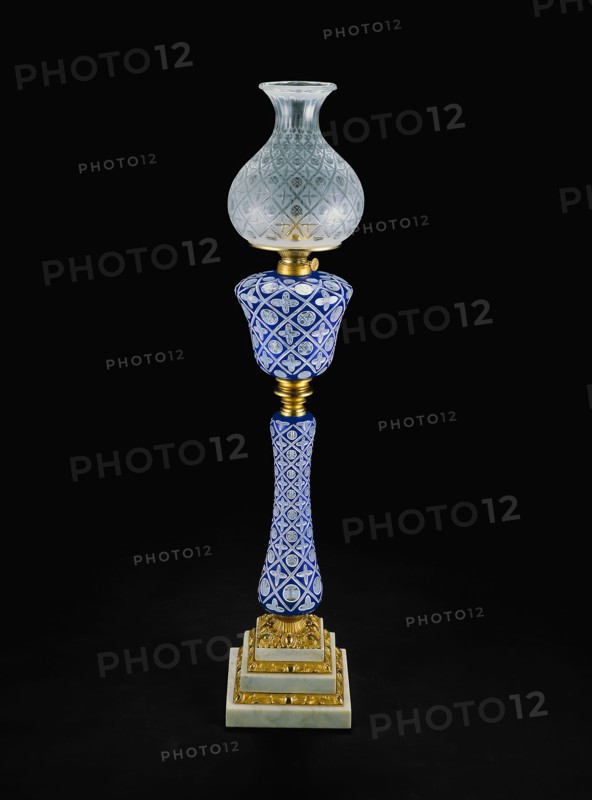Double-Plated Lamp, c. 1865, Boston and Sandwich Glass Company, American, 1825–1888, Sandwich, Massachusetts, Sandwich, Cobalt blue, opaque white, and clear glass, gilt bronze, and marble, H.: 97.8 cm (38 1/2 in.) to top of shade