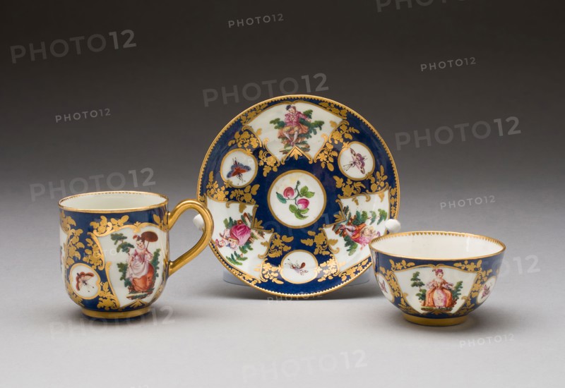 Tea Bowl, Coffee Cup, and Saucer, c. 1765, Worcester Porcelain Factory, Worcester, England, founded 1751, Worcester, Soft-paste porcelain with polychrome enamels and gilding, Tea bowl: diam. 4.2 cm (1 5/8 in.), Cup: H. 6.3 cm (2 1/2 in.), Saucer: diam. 11.6 cm (4 9/16 in.)