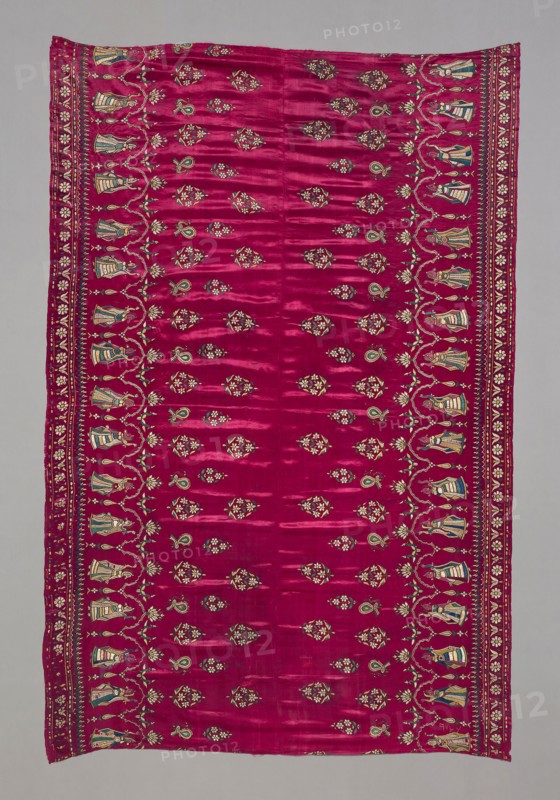 Two Panels (Joined), 19th century, India, India, Silk, satin weave, embroidered with silk in chain and closed feather stitches, 183.8 x 118.2 cm (72 3/8 x 46 1/2 in.)
