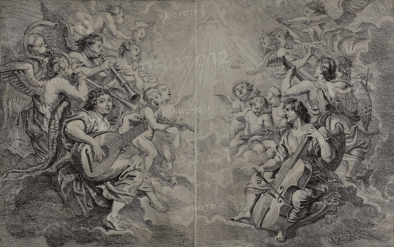 Angels Making Music, c. 1650, Cornelis Schut, I (Flemish, 1597-1655), after Peter Paul Rubens (Flemish, 1577-1640), Flanders, Etching from two plates in black on ivory laid paper, 350 × 510 mm