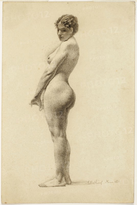 Standing Female Nude, 1881, Marie Mathieu, French, 19th century, France, Pen and brown ink on cream wove paper, 180 × 119 mm