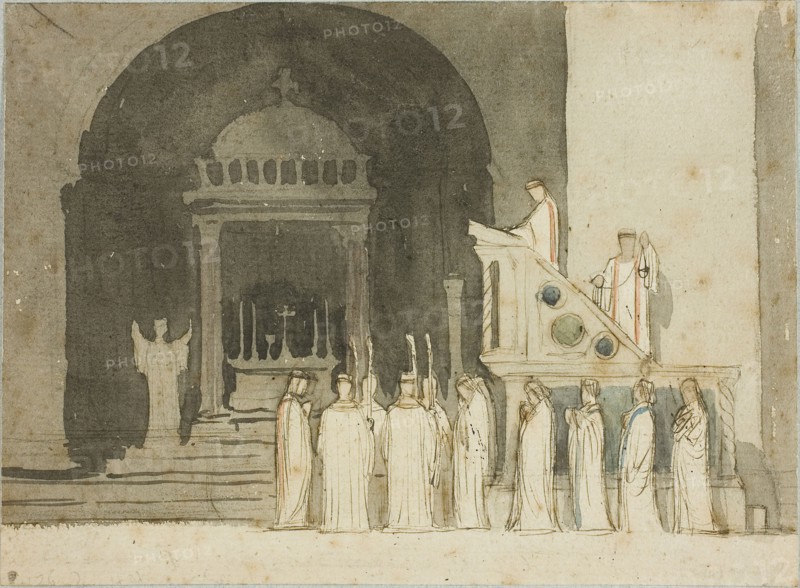 Altar of the Heavens, n.d., Dominique Papety, French, 1815-1849, France, Brush and brown ink and wash, heightened with watercolor, on ivory laid paper, 120 × 163 mm
