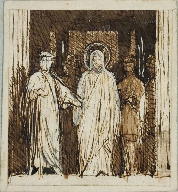 Christ with Pilate, n.d., Dominique Papety, French, 1815-1849, France, Pen and brown ink and wash on ivory laid paper, 87 × 80 mm