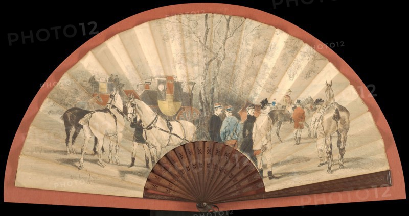 Fan: The Races at La Marche, 1885, John Lewis Brown, French, 1829-1890, France, Lithograph printed in five colors on ivory wove paper, mounted on a fan armature, 380 × 750 mm