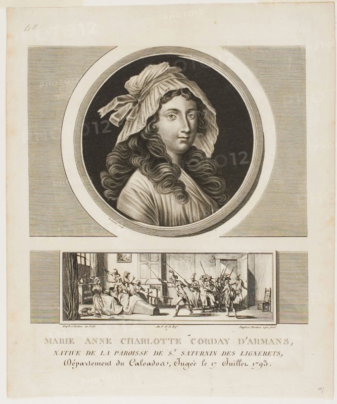 Marie Anne Charlotte Corday d’Armans, from Tableaux historiques de la Révolution francaise, volume III, 1793, Jean Duplessi-Bertaux (French, 1747-1819) and, Charles François Gabriel Levachez (French, active 1780-1820), France, Engraving and stipple engraving on ivory China paper laid down with chine collé on ivory wove paper, 178 × 177 mm (image), 249 × 209 mm (sheet)